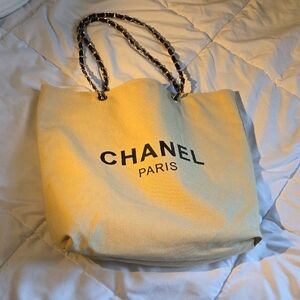 Chanel Beige Canvas Tote with Chain Straps